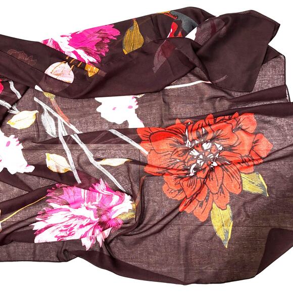 Floral Wrap Cotton Poly blend scarf shawl burgundy pink floral huge square pareo - Picture 6 of 7